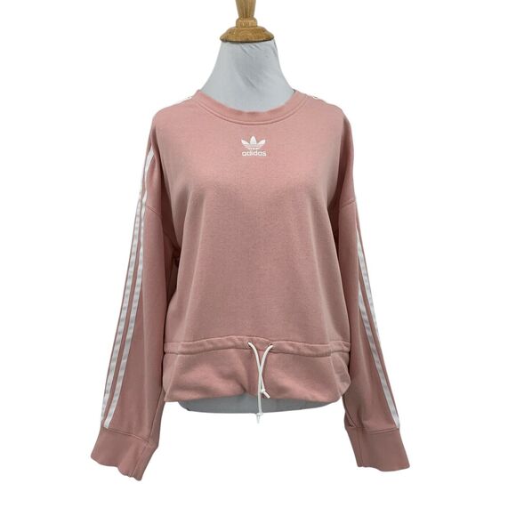 Adidas Sweatshirt Womens L Large Pink Trefoil Logo 3 Stripes Sleeve Waist Pull - Picture 1 of 15